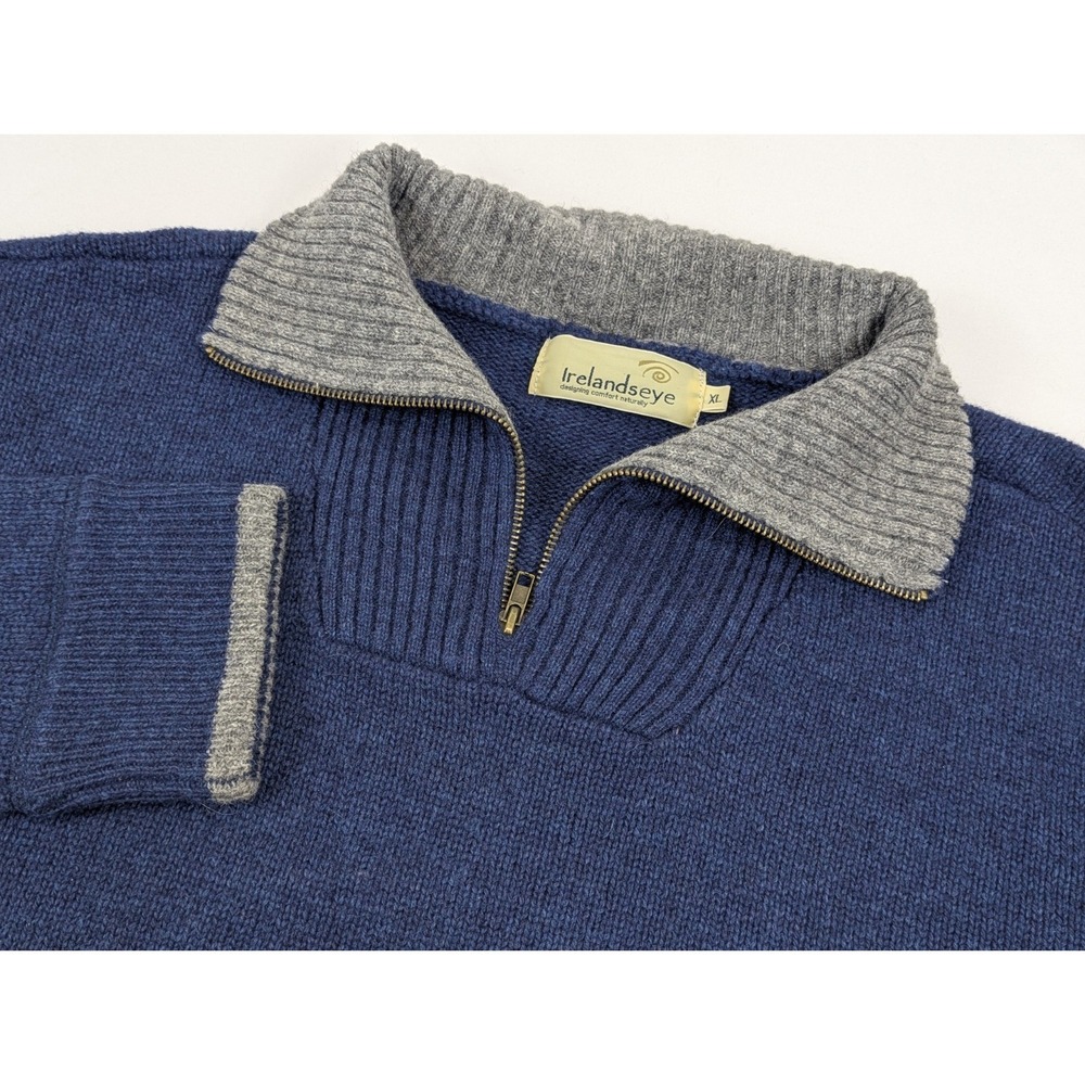 Irelands Eye Men‎ Sweater XL Wool Knit Blue 1/4 Zip Pullover Winter Preppy
